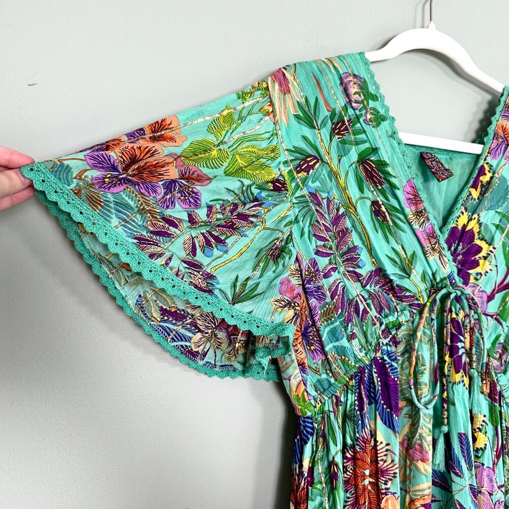 ME 2 Magic Boho Maxi Dress XL Green Floral Tiered Short Sleeve Boho Resortwear - Picture 5 of 14